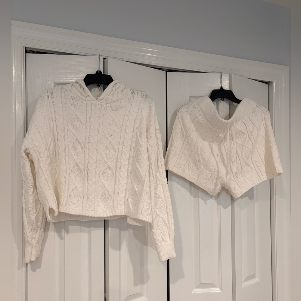 White Cable Knit Hoodie and Shorts Set